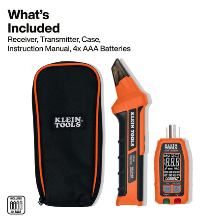 Complete Klein ET350 kit breakdown displaying receiver wand, diagnostic transmitter, zippered storage case, manual, and 4 AAA batteries.