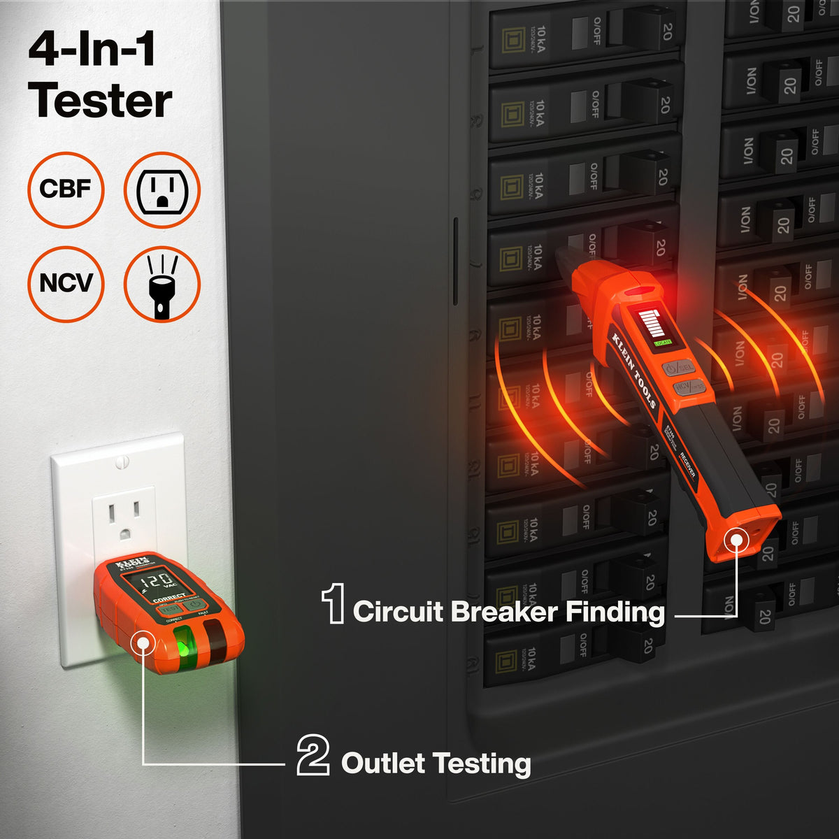 Dual-action electrical testing setup showing the transmitter plugged into a 120V outlet while the receiver scans breakers in a panel.
