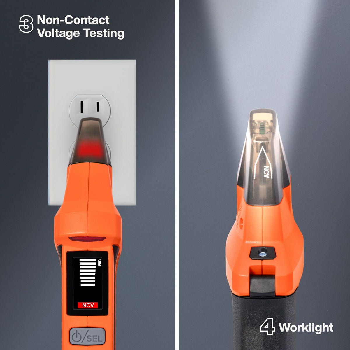 Split feature graphic illustrating non-contact voltage testing at an AC wall outlet alongside the integrated LED work light functionality.