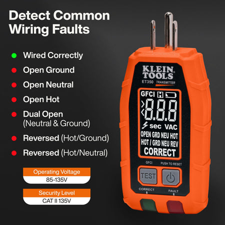 Klein ET350 transmitter wiring fault diagnostic chart showing detection of open grounds, open neutrals, reversed wires, and CAT II 135V rating.