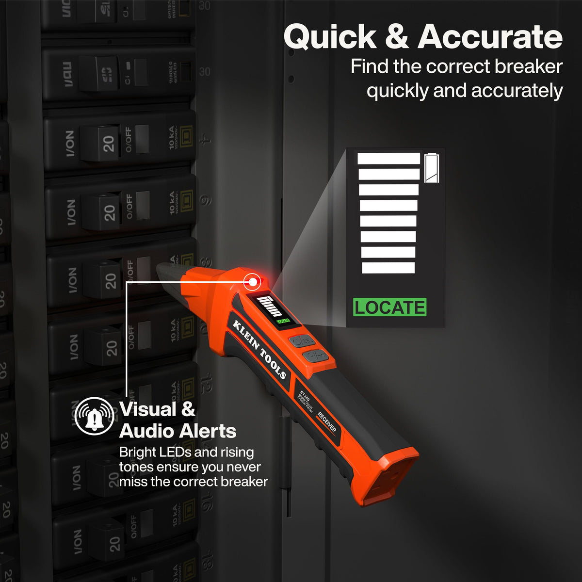 Receiver wand scanning a breaker panel, highlighting visual LED bars and rising audio tones that confirm target breaker identification.