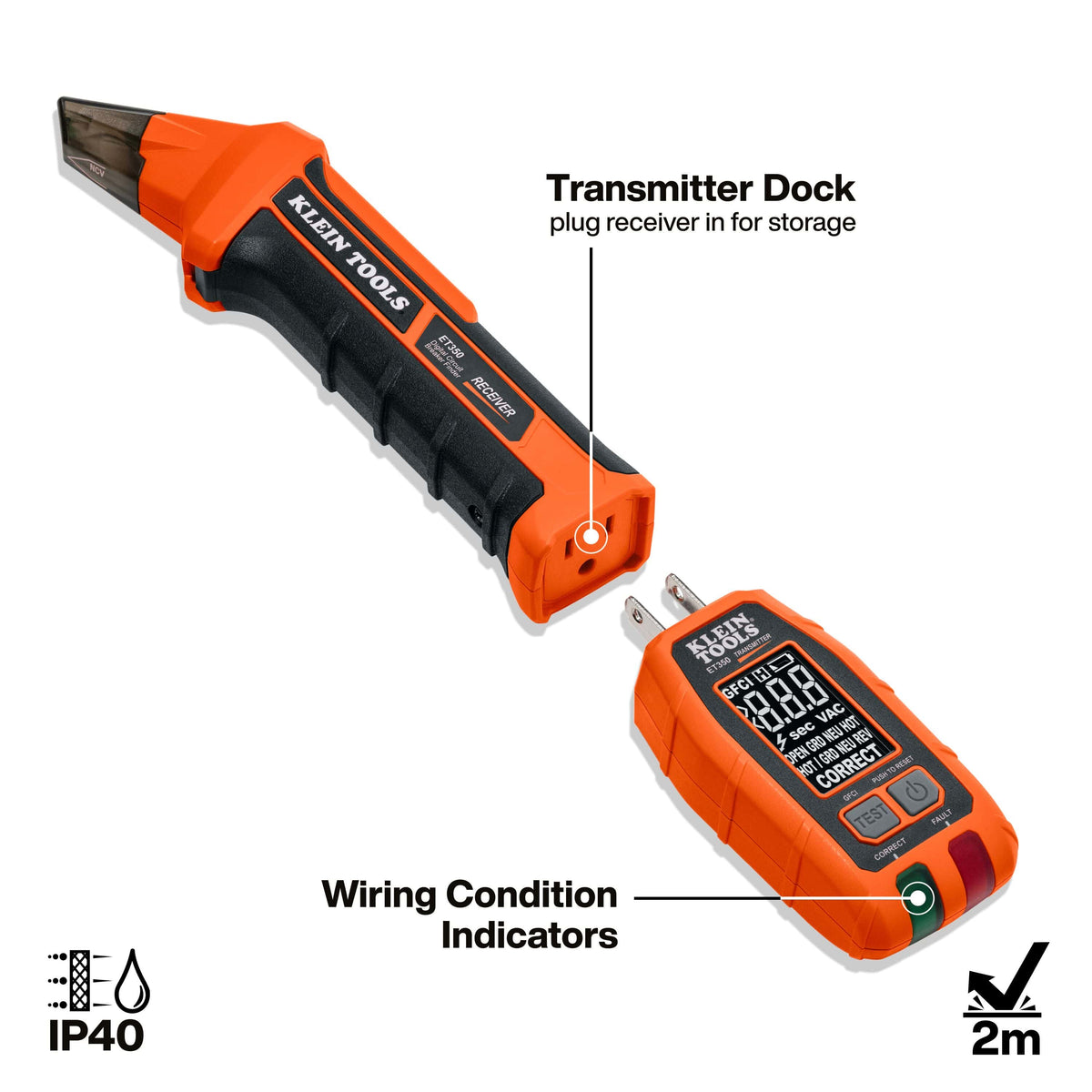 Product storage design graphic showing the transmitter docking directly into the receiver base, highlighting IP40 and 2-meter drop ratings.