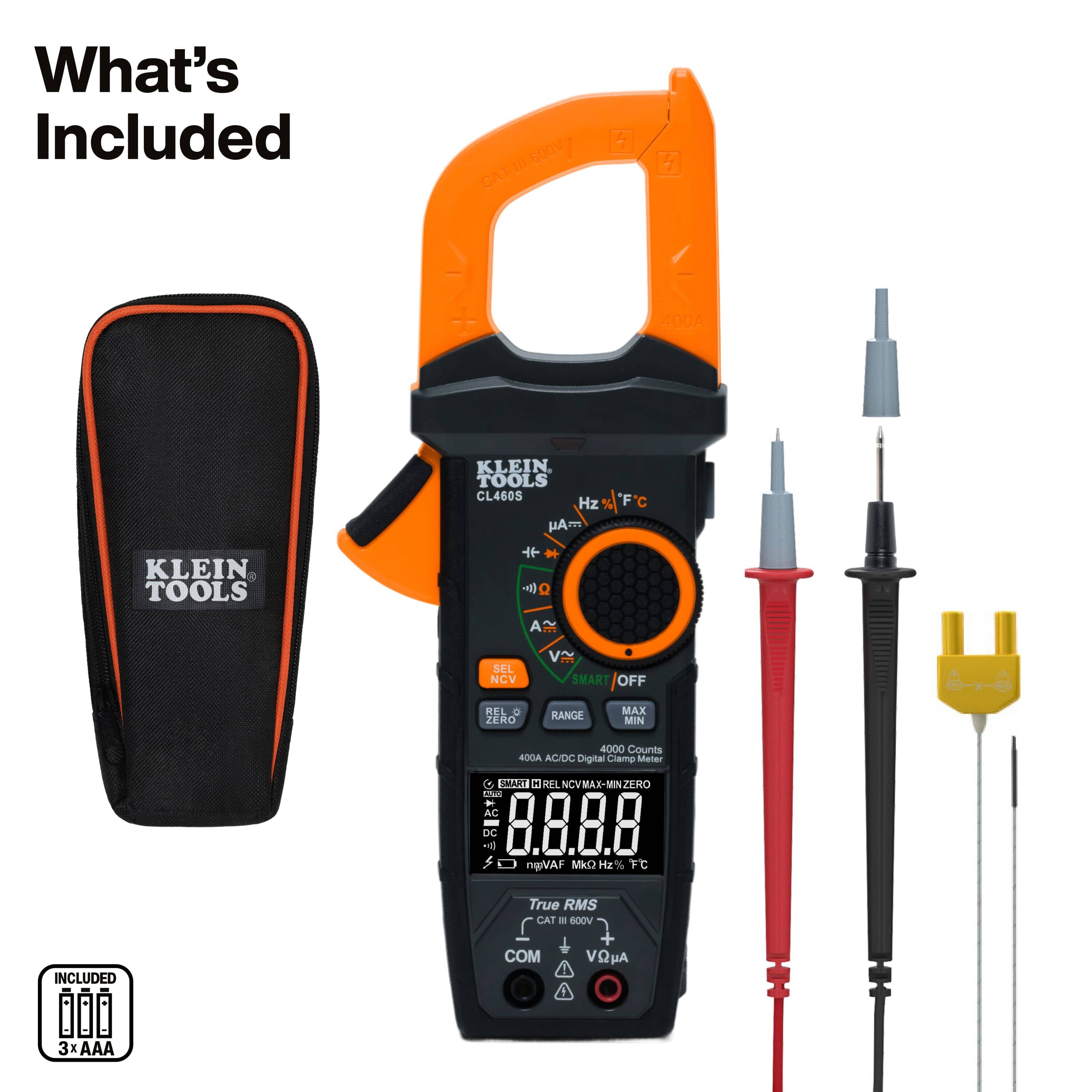 Complete kit inventory for Klein CL460S digital clamp meter detailing the tester, test leads, thermocouple, carrying case, and AAA batteries.