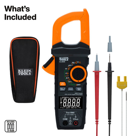 Complete kit inventory for Klein CL460S digital clamp meter detailing the tester, test leads, thermocouple, carrying case, and AAA batteries.