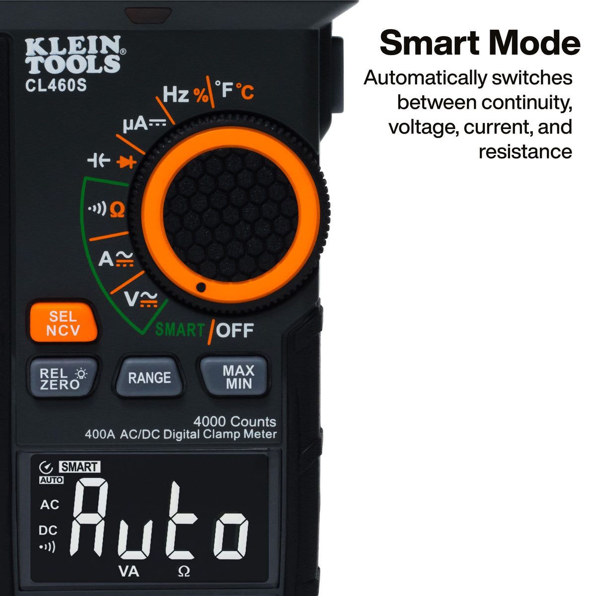 Close-up of the SMART mode selector dial on the Klein CL460S clamp meter that automatically switches between voltage, current, and resistance.