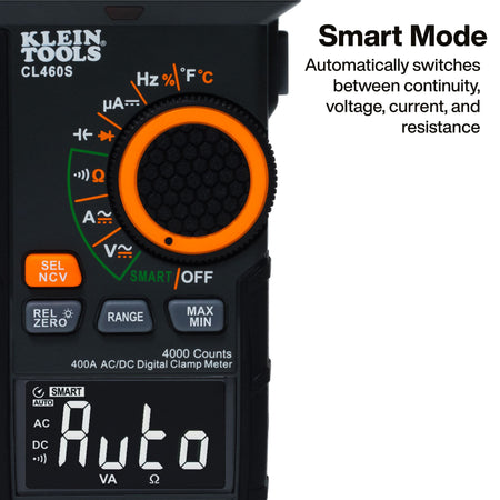 Close-up of the SMART mode selector dial on the Klein CL460S clamp meter that automatically switches between voltage, current, and resistance.