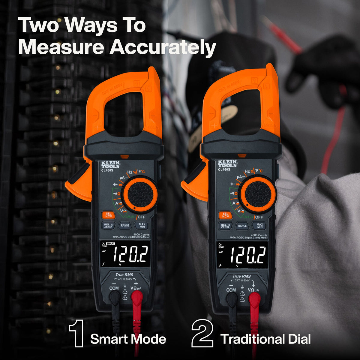 Comparison display showcasing the dual operation of Klein CL460S using either automated SMART mode or manual traditional dial selection.