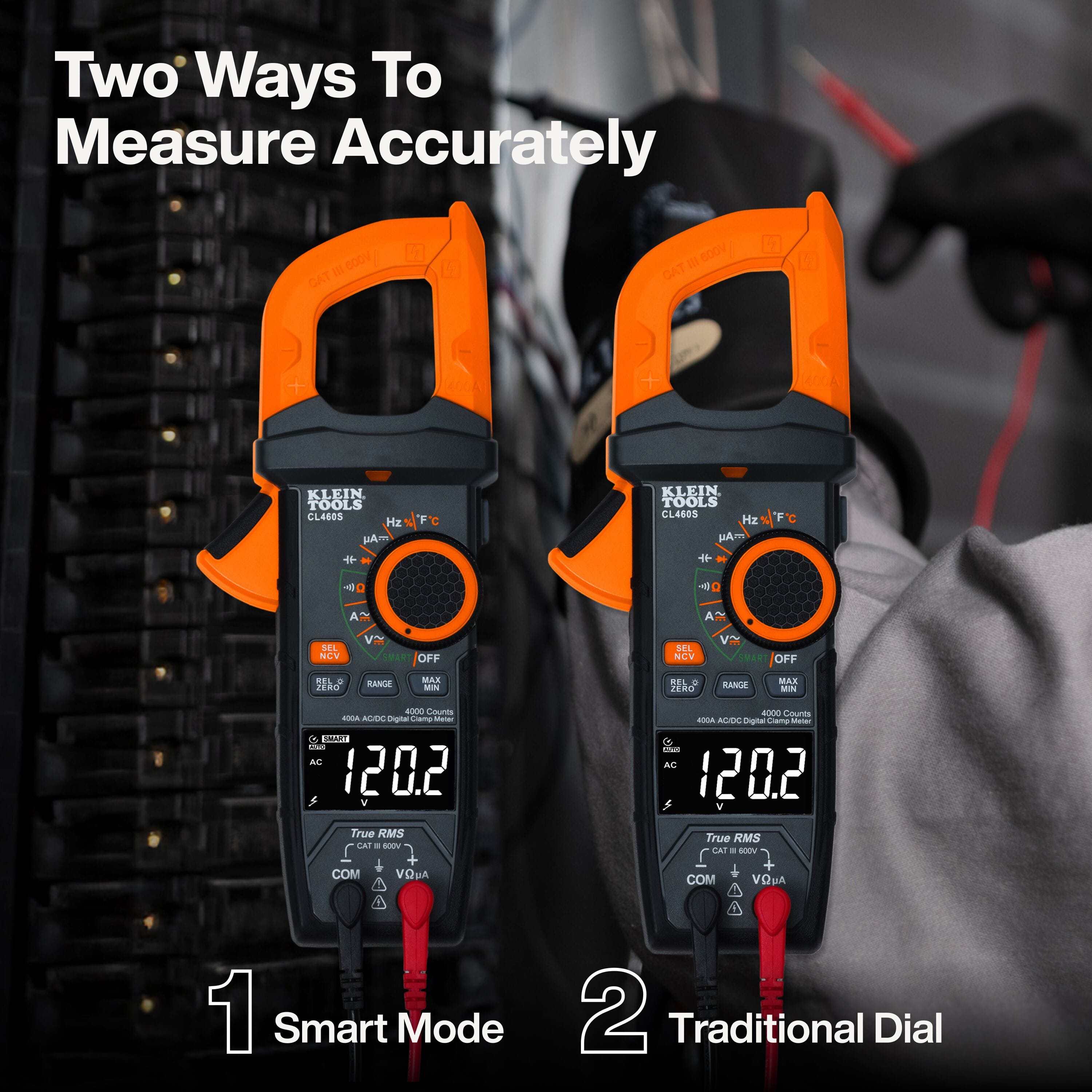 Comparison display showcasing the dual operation of Klein CL460S using either automated SMART mode or manual traditional dial selection.