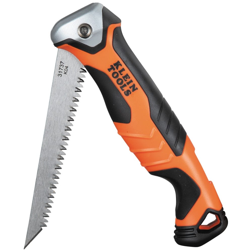 A studio shot of the Klein 31737 folding jab saw with the blade partially open, showing the orange and black comfort-grip handle.