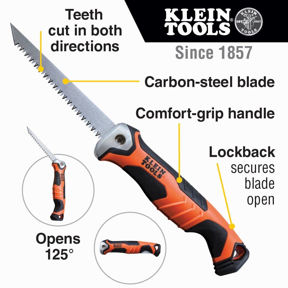 A feature callout diagram of the Klein folding jab saw, highlighting its teeth that cut in both directions, carbon-steel blade, comfort-grip handle, and lockback mechanism.