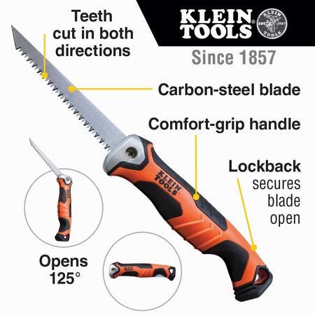 A feature callout diagram of the Klein folding jab saw, highlighting its teeth that cut in both directions, carbon-steel blade, comfort-grip handle, and lockback mechanism.