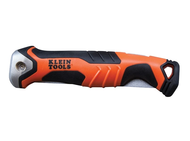 A side profile studio shot of the Klein jab saw in its fully folded position.