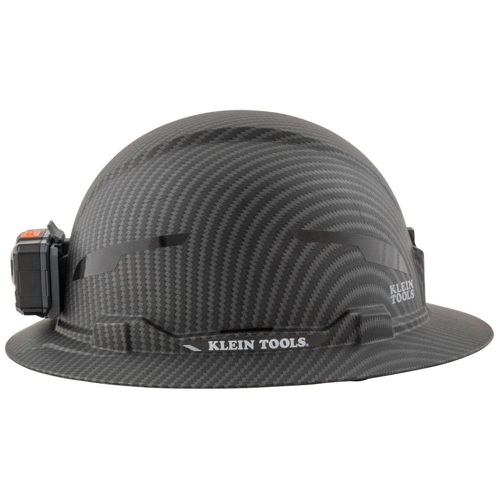 Side profile view of Klein Tools 60346 full brim hard hat showing slim headlamp mount and brim outline