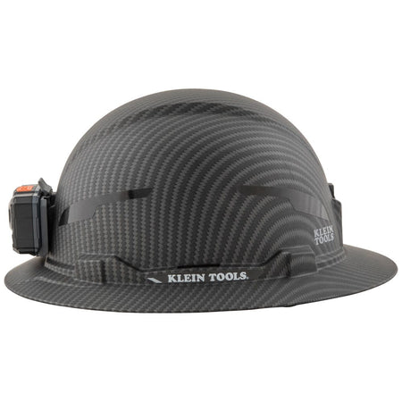Side profile view of Klein Tools 60346 full brim hard hat showing slim headlamp mount and brim outline