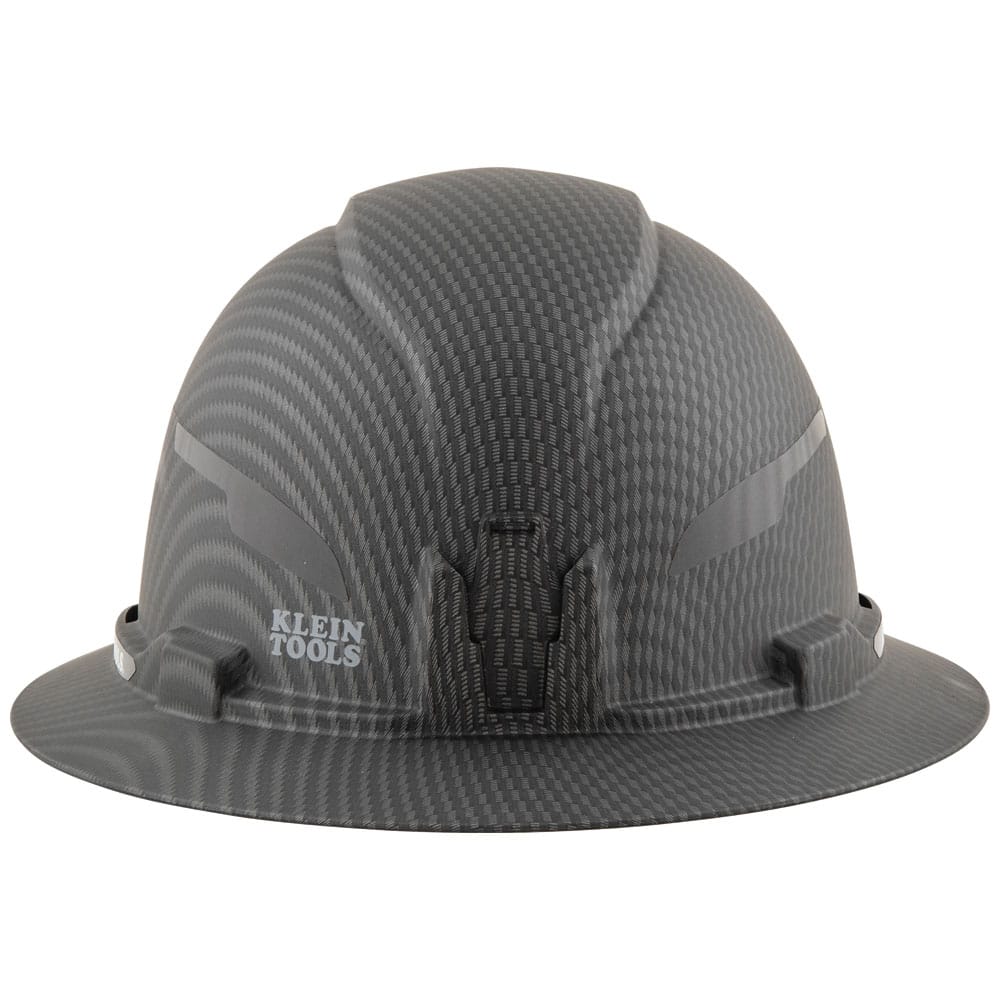 Rear view of Klein Tools Class E KARBN hard hat showing universal accessory slots and rear logo placement.
