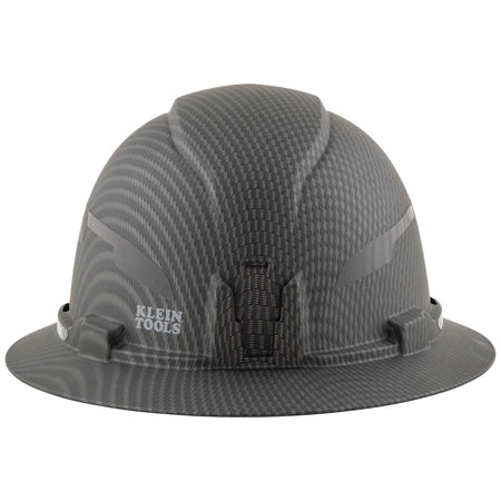 Rear view of Klein Tools Class E KARBN hard hat showing universal accessory slots and rear logo placement.