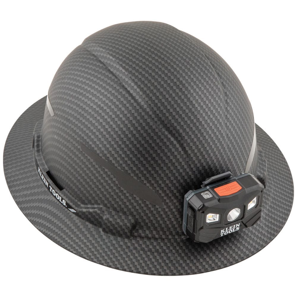 Angle view of non-vented Klein Tools Class E hard hat highlighting the hydro-dipped carbon composite shell design.