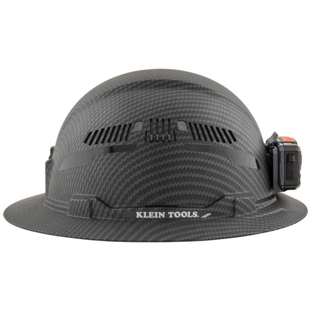 Internal ratchet suspension mechanism for the Klein Tools hard hat featuring an orange adjustment knob and blue sweat-wicking padding.