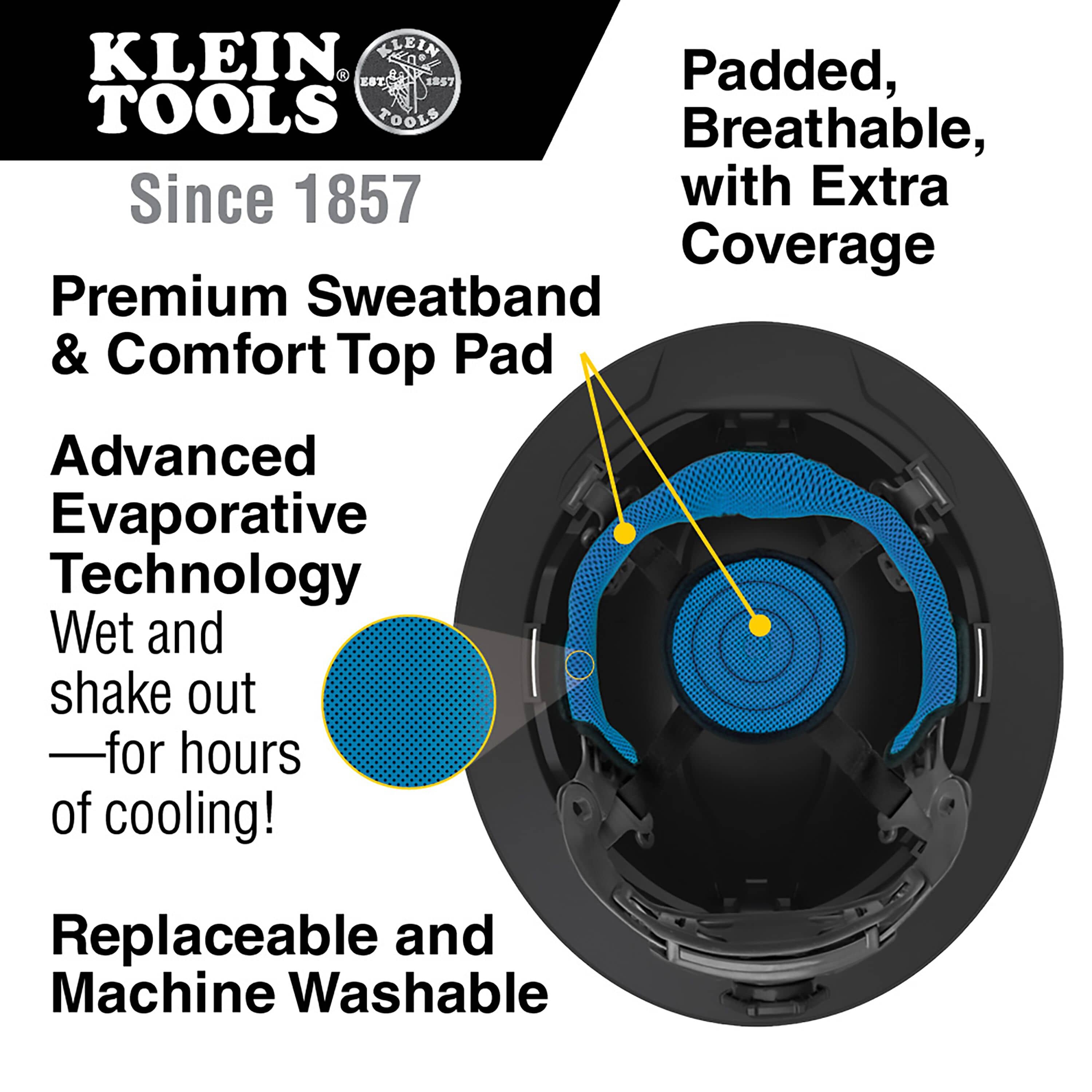 Underside view of Klein Tools vented hard hat illustrating sweat-wicking evaporative cooling pads for job site heat relief.