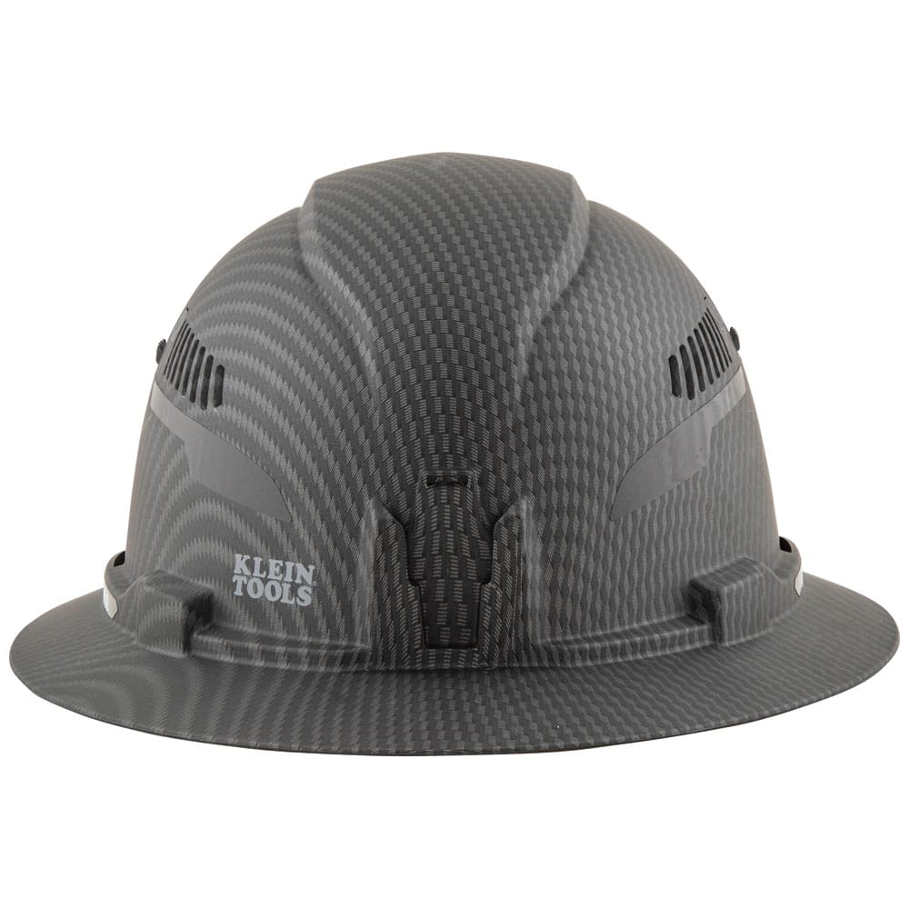 Rear profile of Klein Tools Class C full brim hard hat showcasing rear accessory mounts and hydro-dipped carbon finish.