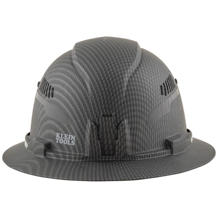 Rear profile of Klein Tools Class C full brim hard hat showcasing rear accessory mounts and hydro-dipped carbon finish.