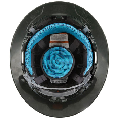 Bottom view showing the interior 4-point ratchet suspension frame with blue machine-washable padding in a Klein Tools hard hat.