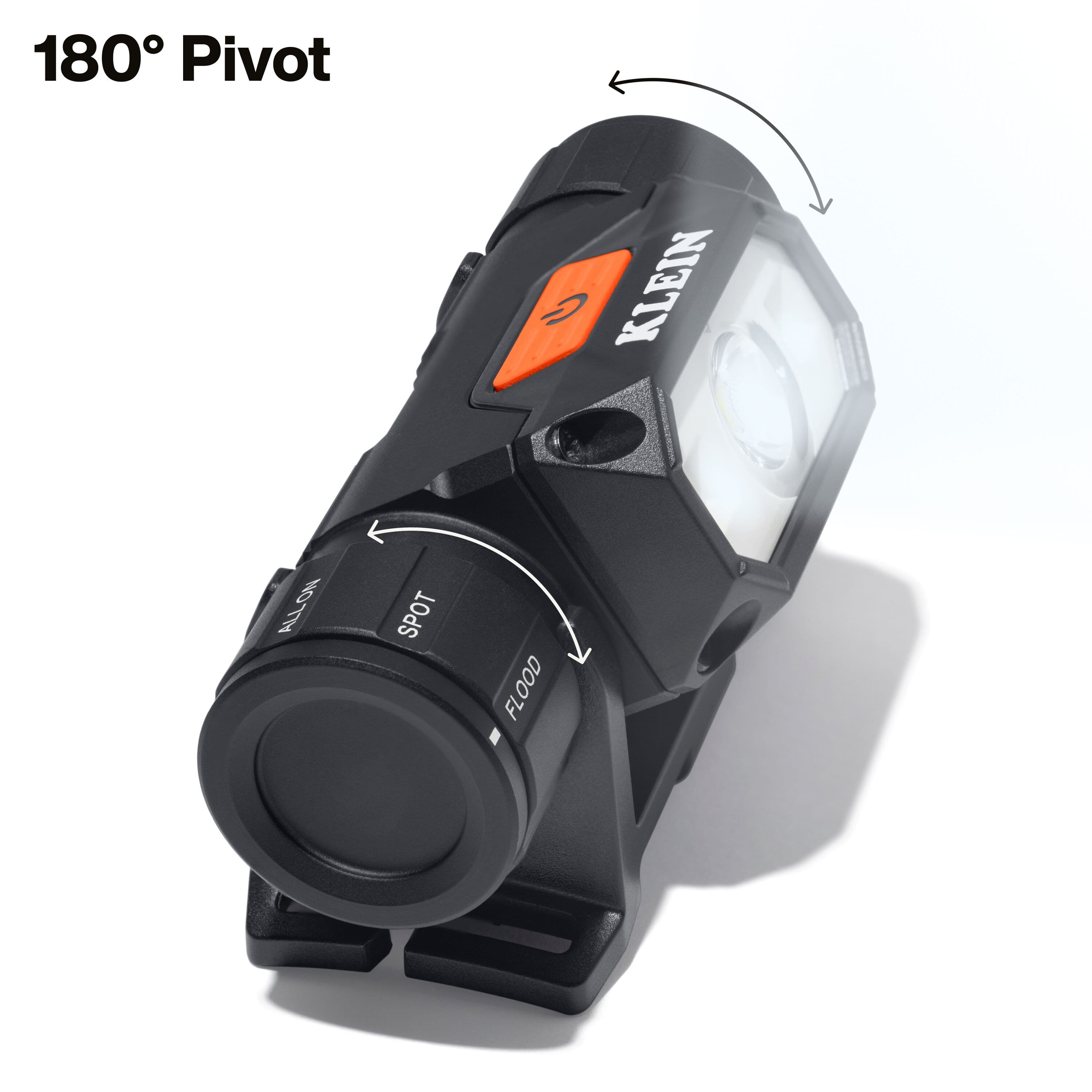 Side view of Klein Tools 56078 headlamp illustrating 180-degree vertical beam pivoting and side mode selector dial for All-On, Spot, and Flood settings.