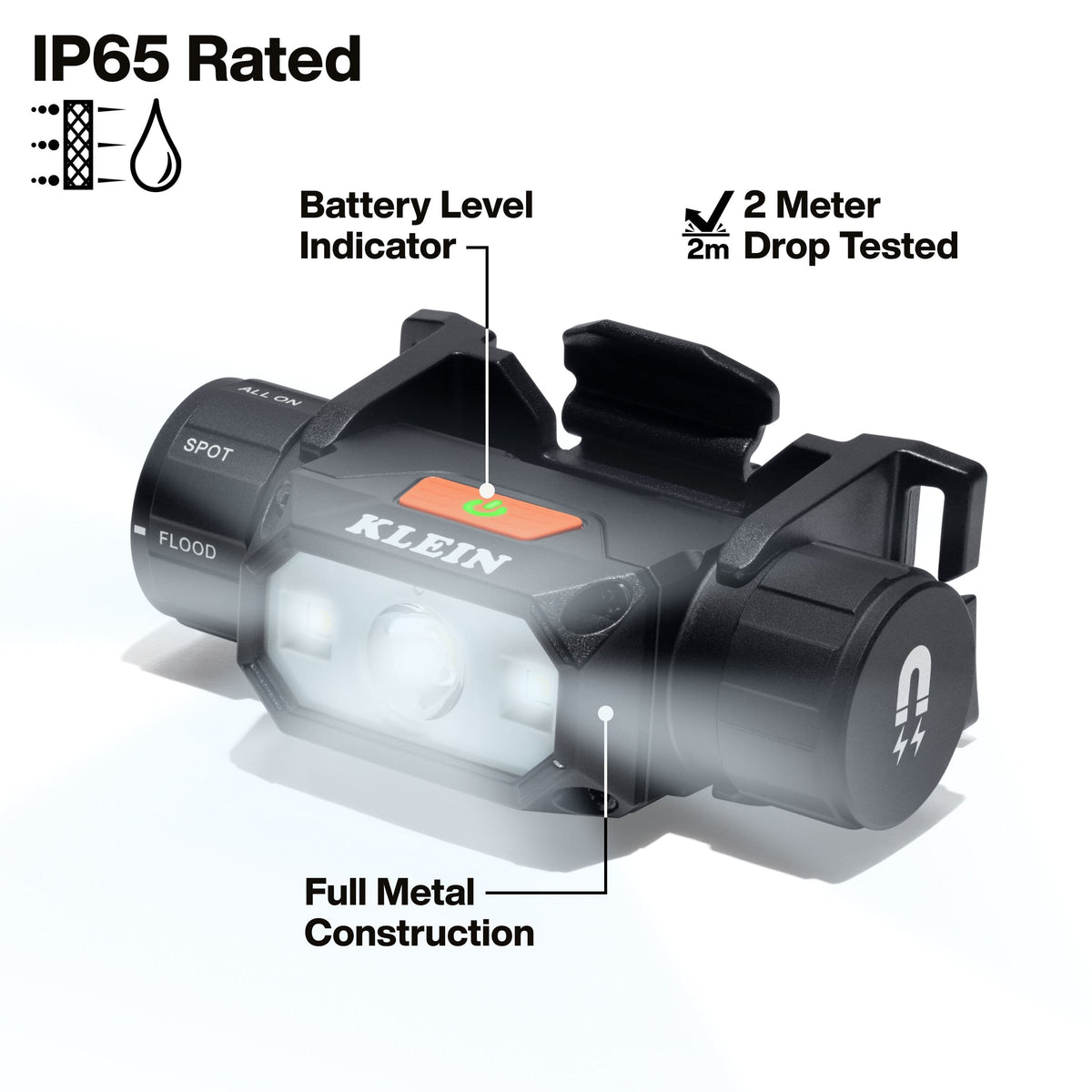 Feature diagram of Klein 56078 headlamp highlighting full metal aluminum construction, battery level indicator, IP65 water resistance, and 2-meter drop protection.