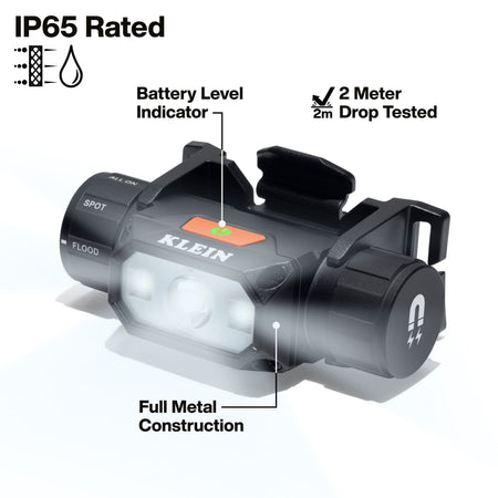 Feature diagram of Klein 56078 headlamp highlighting full metal aluminum construction, battery level indicator, IP65 water resistance, and 2-meter drop protection.