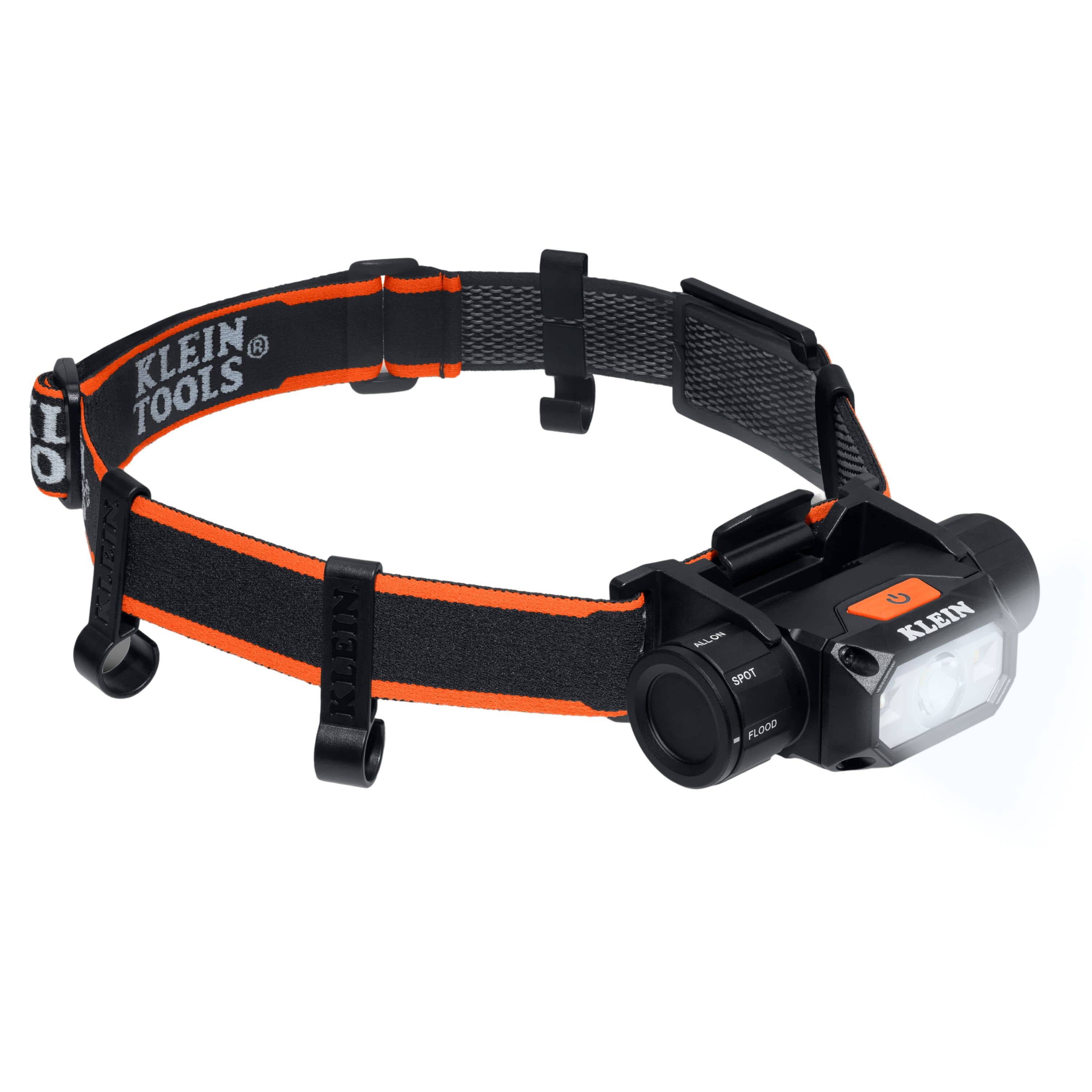Klein Tools 56078 1000-lumen rechargeable headlamp with fabric headband, mode selector dial, and hard hat mounting bracket for hands-free inspection lighting.