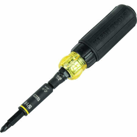 The Klein KNECT 11-in-1 Ratcheting Screwdriver assembled with a 5/16 inch nut driver visible at the tip, showing the yellow and black Cushion-Grip handle.