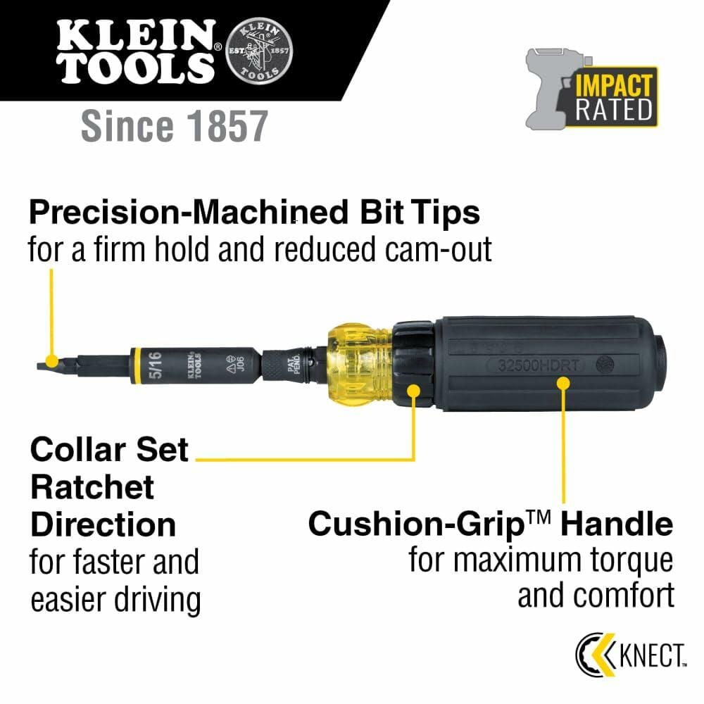 Annotated image of the Klein KNECT 11-in-1 Ratcheting Screwdriver, highlighting the Cushion-Grip handle, the collar for setting ratchet direction, and the precision-machined, impact-rated bit tips.