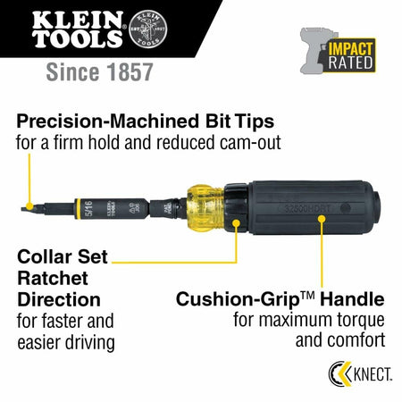 Annotated image of the Klein KNECT 11-in-1 Ratcheting Screwdriver, highlighting the Cushion-Grip handle, the collar for setting ratchet direction, and the precision-machined, impact-rated bit tips.