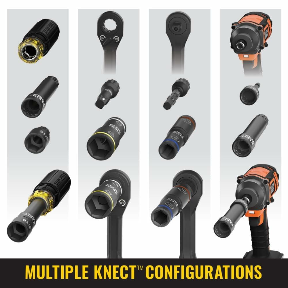 Montage illustrating multiple KNECT system configurations, showing sockets and adapters used with a ratcheting wrench and a cordless impact driver.