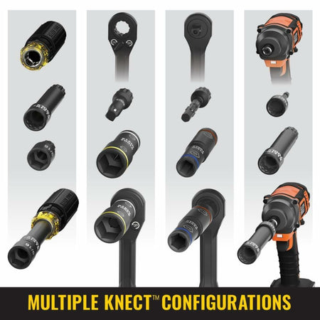 Montage illustrating multiple KNECT system configurations, showing sockets and adapters used with a ratcheting wrench and a cordless impact driver.
