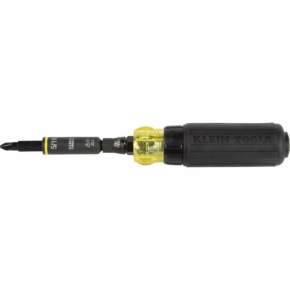 Side view of the Klein KNECT 11-in-1 Ratcheting Screwdriver fully assembled, highlighting the black handle and the yellow ratchet collar.