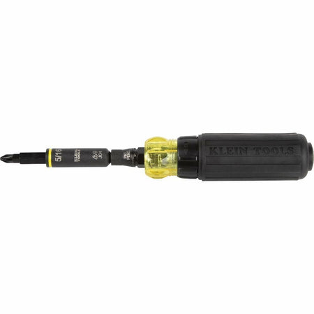Side view of the Klein KNECT 11-in-1 Ratcheting Screwdriver fully assembled, highlighting the black handle and the yellow ratchet collar.