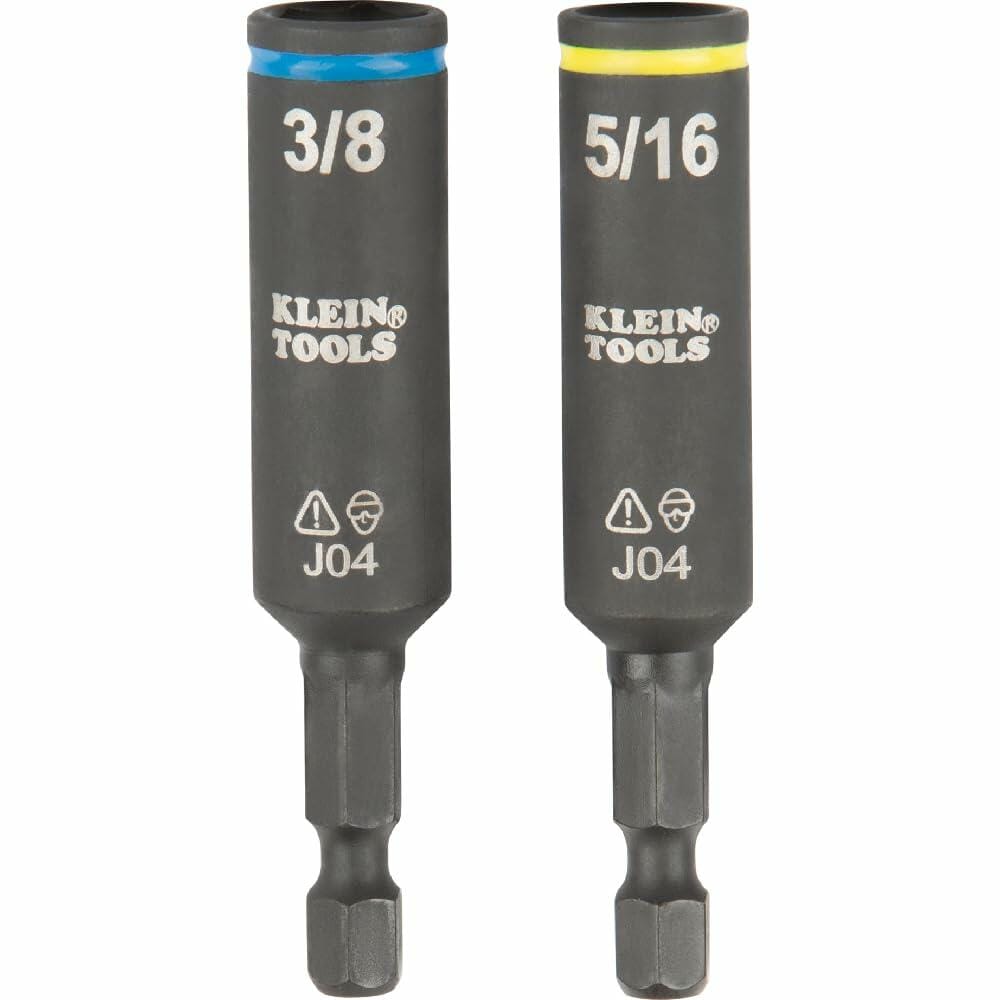 Close-up of two KNECT impact-rated power nut drivers, 3/8 inch (blue band) and 5/16 inch (yellow band), showing the hex shank for use with an impact driver.