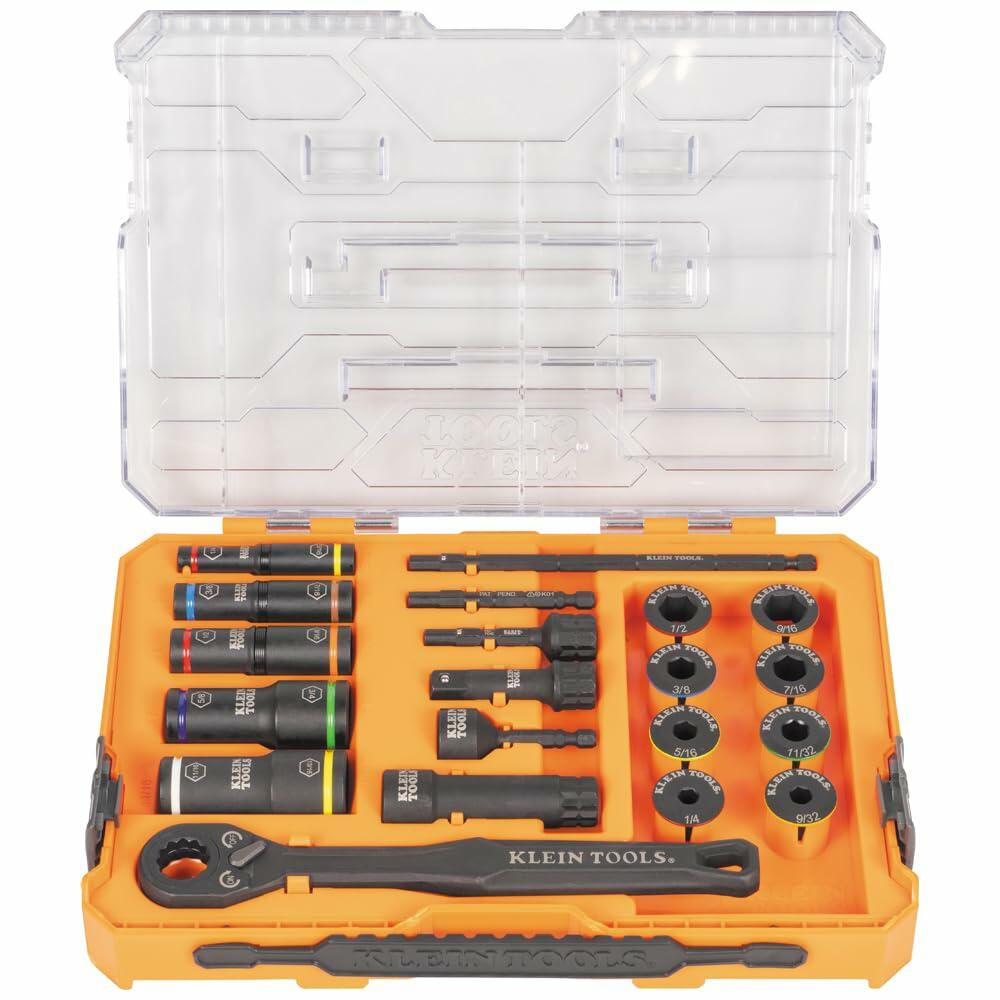 Open Klein KNECT 20-Piece Impact Socket Set, showing the 90-tooth pass-through ratchet, flip sockets, low-profile sockets, and adapters stored in the modular orange and clear case.