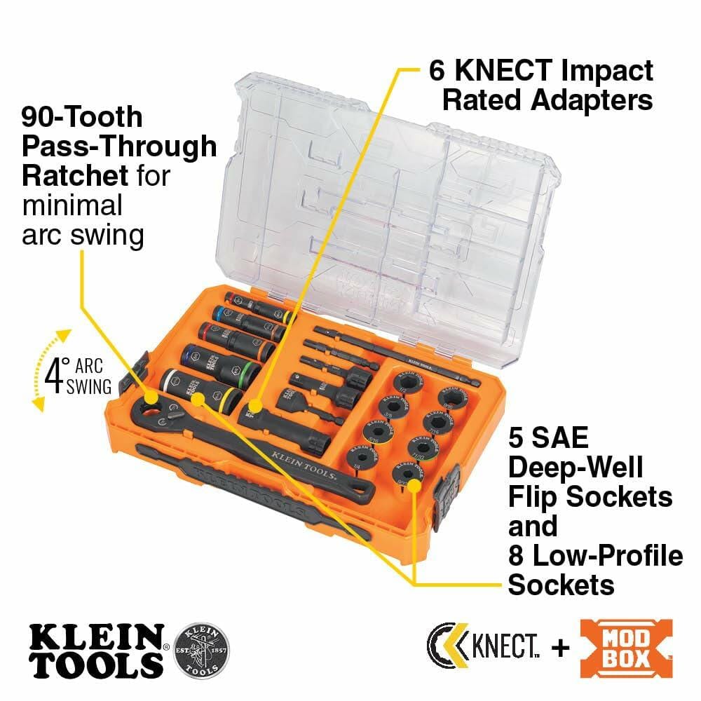 Annotated image of the open Klein KNECT 20-Piece Socket Set, highlighting the 90-Tooth Pass-Through Ratchet, 6 KNECT Impact Rated Adapters, and the 5 SAE Deep-Well Flip Sockets and 8 Low-Profile Sockets.