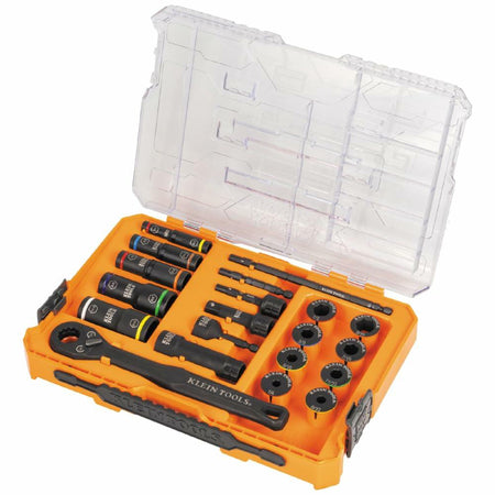 Open Klein KNECT 20-Piece Impact Socket Set, showing the sockets and tools partially removed from the organized modular case.