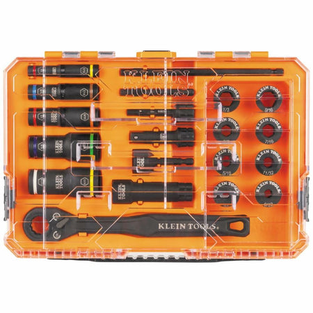 Top-down view of the Klein KNECT 20-Piece Impact Socket Set closed in its clear-lidded, modular orange case, showing the contents secured within the compartments.