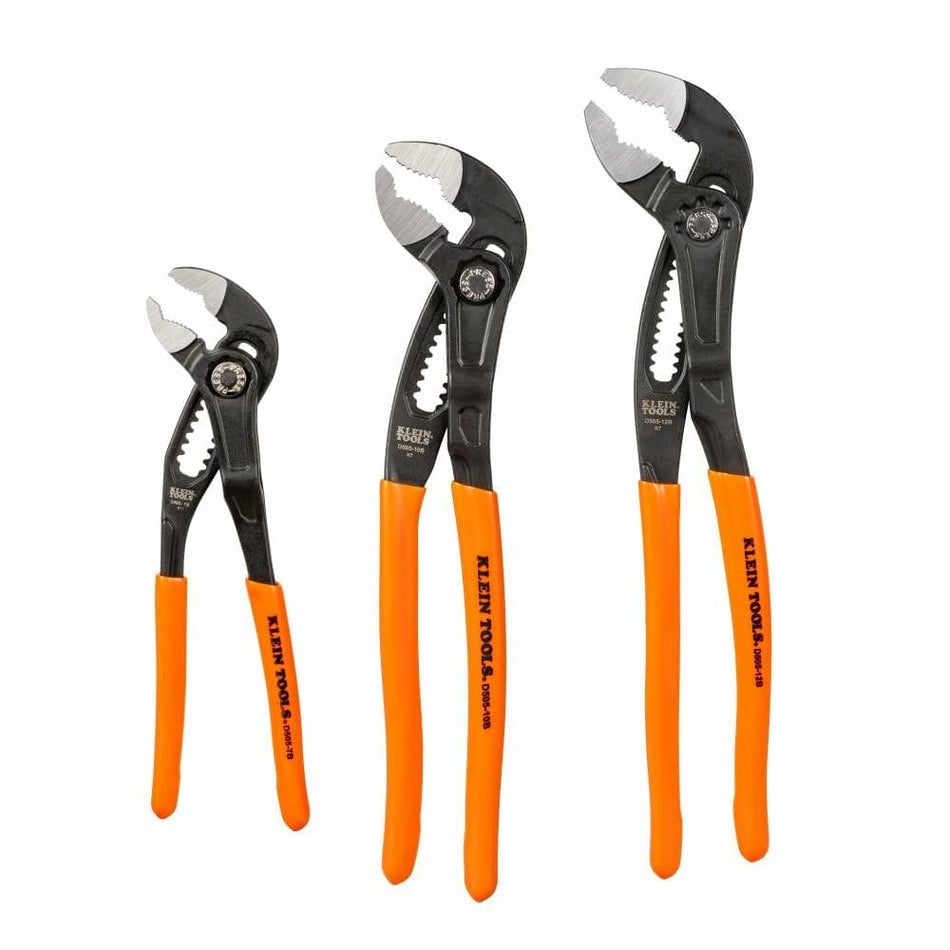 The complete Klein Quick-Adjust Klaw Pump Pliers 3-Piece Set, showing the 7-inch, 10-inch, and 12-inch pliers side-by-side with their jaws slightly open and bright orange handles.