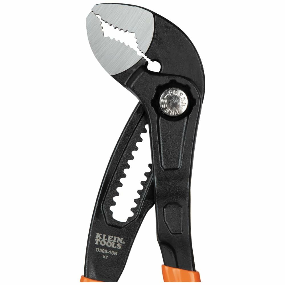 Close-up of the Klein 10-Inch Quick-Adjust Klaw Pump Pliers (D50510B) with the jaws open wide, clearly showing the hardened, multi-contact teeth.