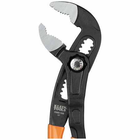 Close-up of the Klein 10-Inch Quick-Adjust Klaw Pump Pliers (D50510B), showing the jaw slightly open and the Quick-Adjust button detail at the pivot point.
