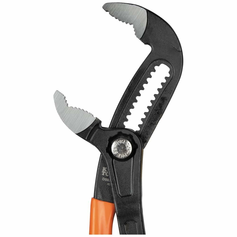 Close-up of the Klein Quick-Adjust Klaw Pump Pliers hinge area, showing the curvature of the jaw, the pump adjustment mechanism, and the orange plastic-dipped handles.