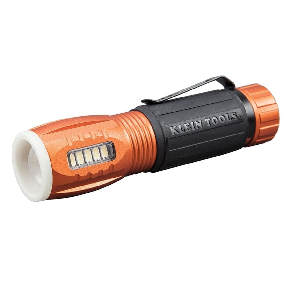 A three-quarter studio profile of the Klein 56028 LED flashlight, showing the main light, side work light, and pocket clip.