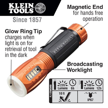 A feature callout diagram of the Klein 56028 flashlight, pointing to its magnetic end, broadcasting worklight, glow ring tip, and its performance specifications.