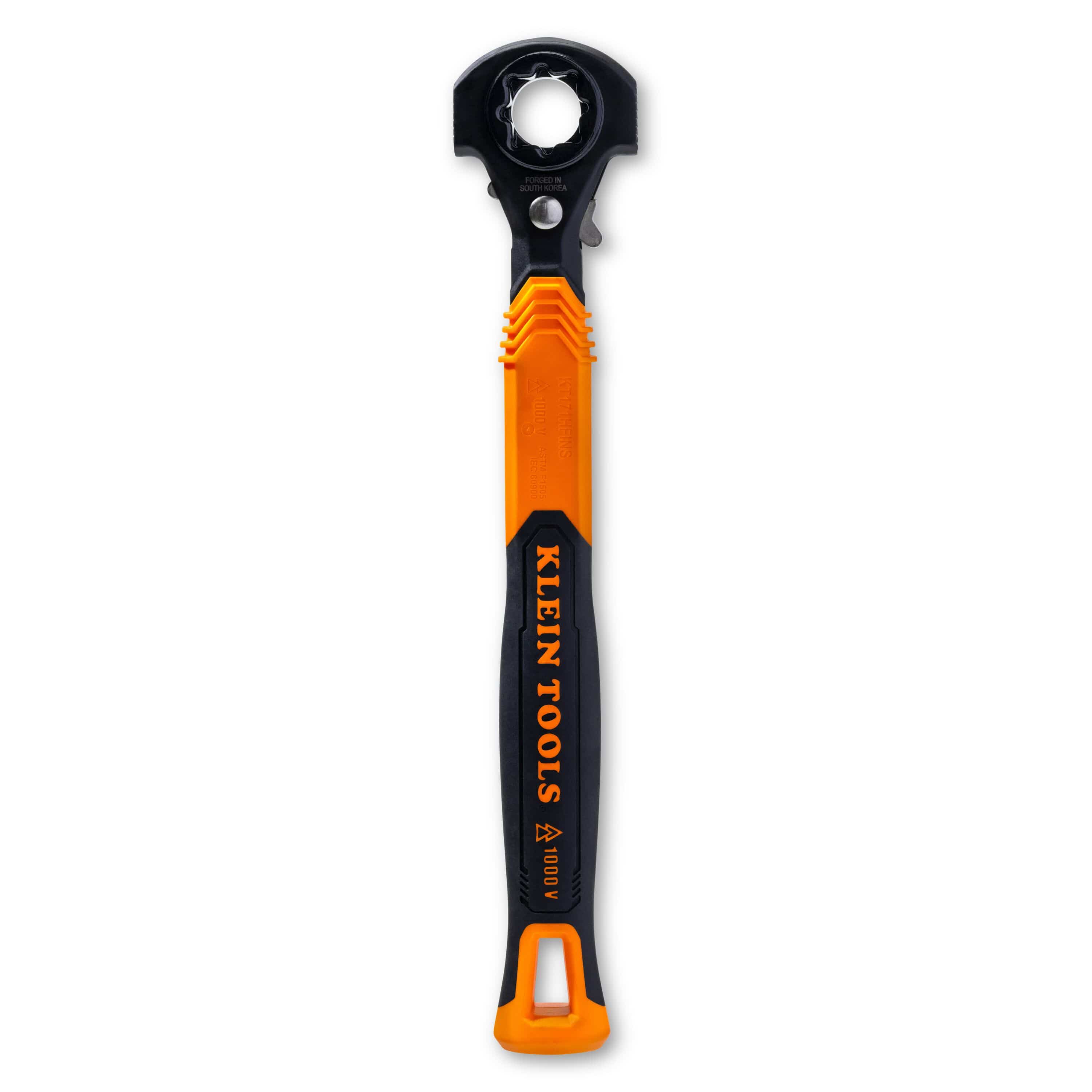Klein Tools KT171HFINS 5-in-1 insulated lineman wrench with 1000V rated orange dielectric handle and multi-size ratcheting square socket head.
