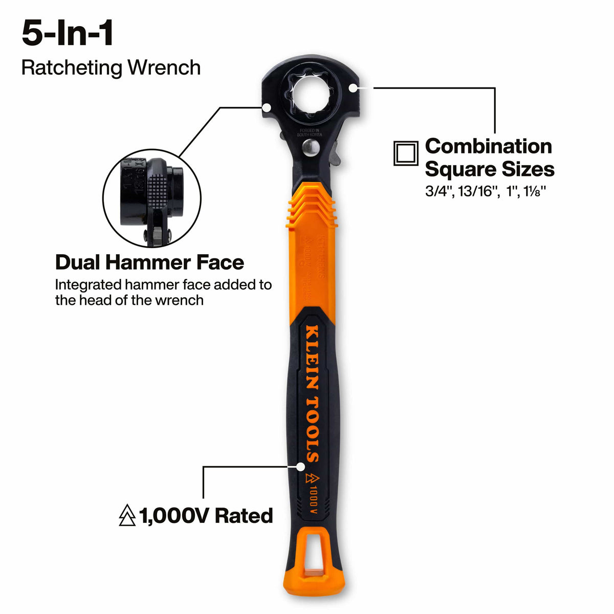 Feature callout diagram of Klein KT171HFINS wrench highlighting 3/4, 13/16, 1, and 1-1/8 inch square sockets, dual hammer faces, and 1000V rating.